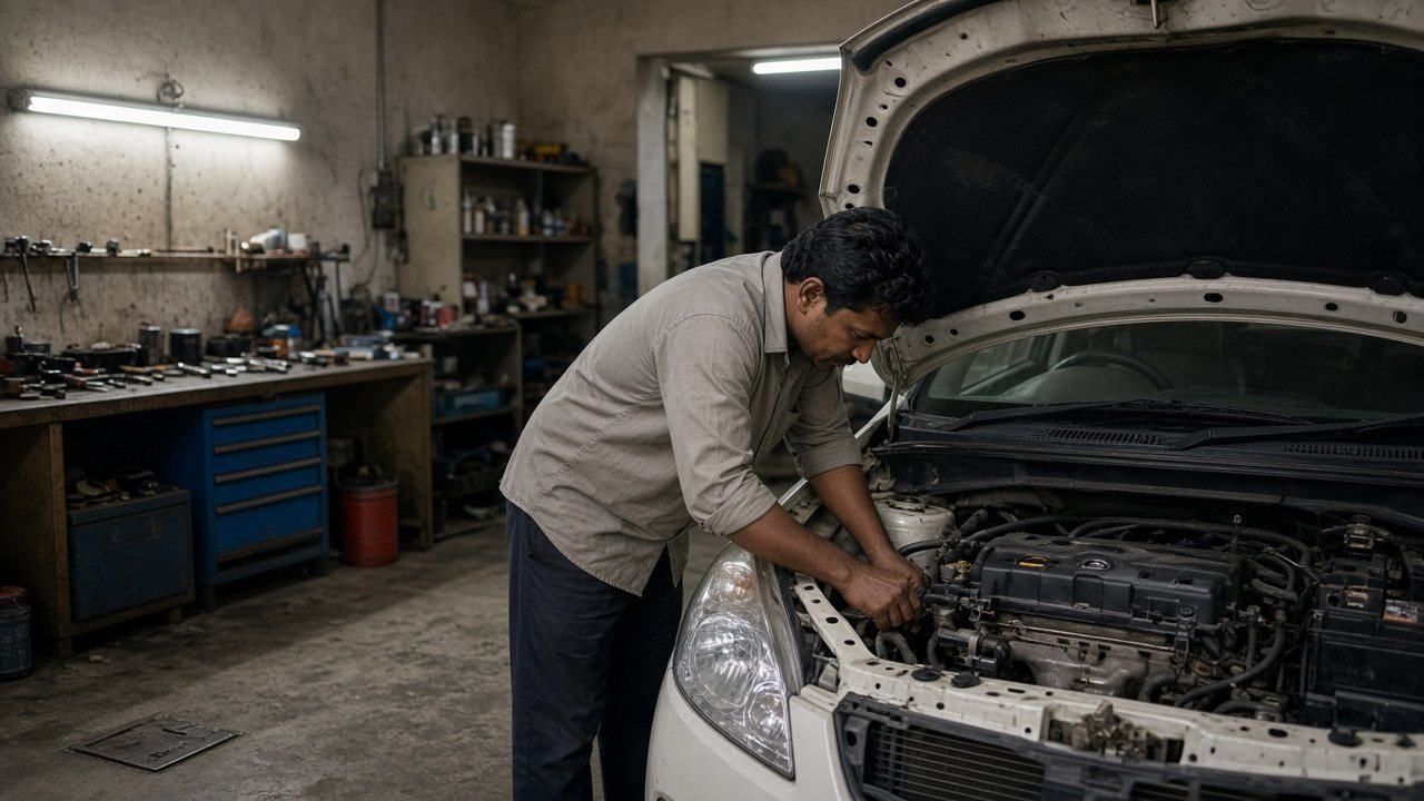 Mechanic checking the engine of a hatchback