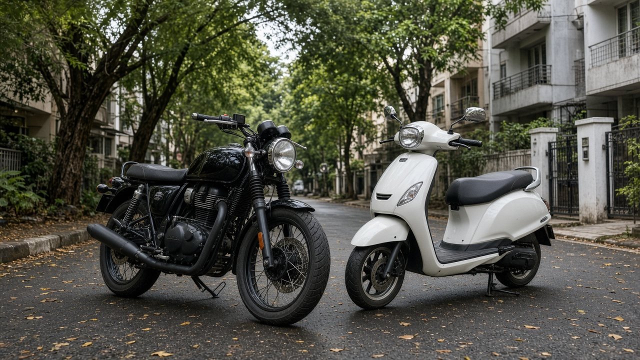 Motorcycle and scooter on a Bengaluru side street